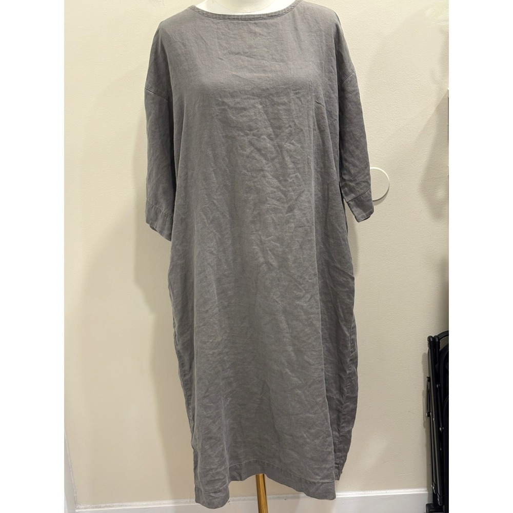 Muji Womens Charcoal Gray Linen Shift Midi Dress Pockets Small Lagenlook Scandi